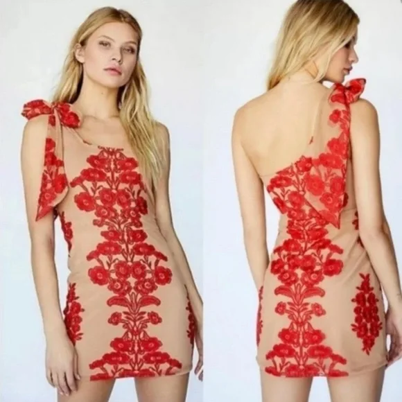 For love & Lemons Temecula Red Tan One Shoulder Mini Dress Embroidered Mesh XS - Picture 2 of 12